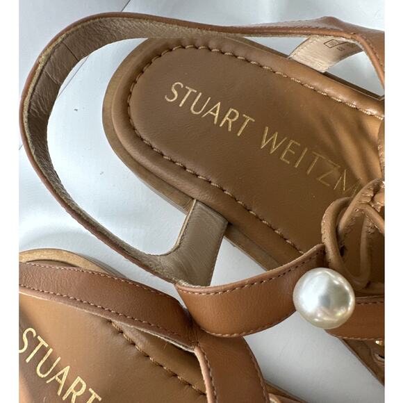 Stuart Weitzman Goldie Lace Up Pearly Leather Ankle-Tie Flat Sandals Tan Size 8 - Picture 9 of 13